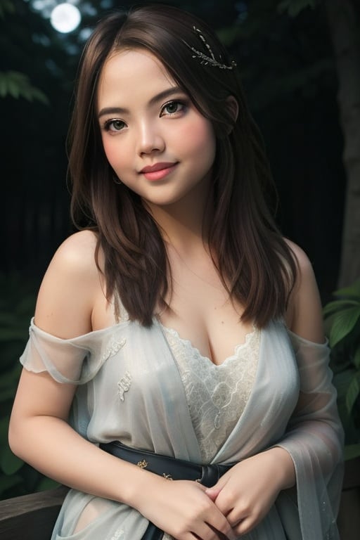 
1girl, hires, high-resolution, 8K, cascading chestnut tresses, entrancing emerald orbs, beguiling smile, ethereal gown, intricate lace motifs, satin sash, moonlit forest enchantment, ancient arboreal guardians, starlit celestial canvas, tranquil lakeside haven, mystical ambiance, whispered enchantments, silvery moonbeam radiance, captivating charisma, luminous poise, otherworldly aura, enchanting dreamscape, ethereal grace, serene serendipity, cinematic bokeh, dreamy lens flare, surreal depth of field.