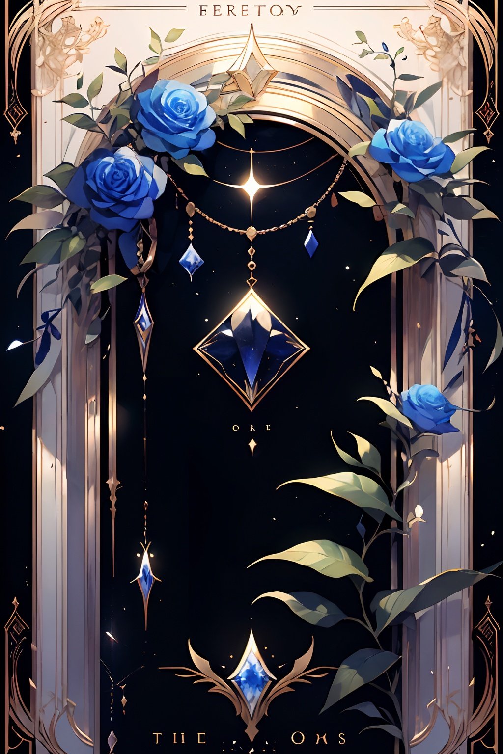 qztarot, no humans, flower, crystal, gem, still life, black background, blue flower, leaf, Tarot card