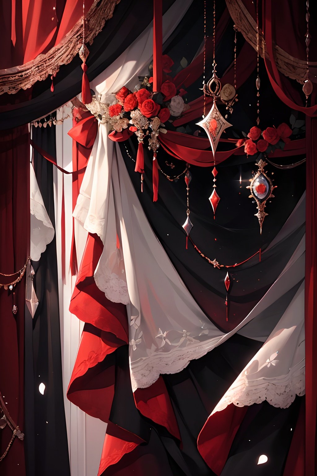 qztarot, flower, curtains, red theme, no humans, red flower, solo, black background, Tarot card