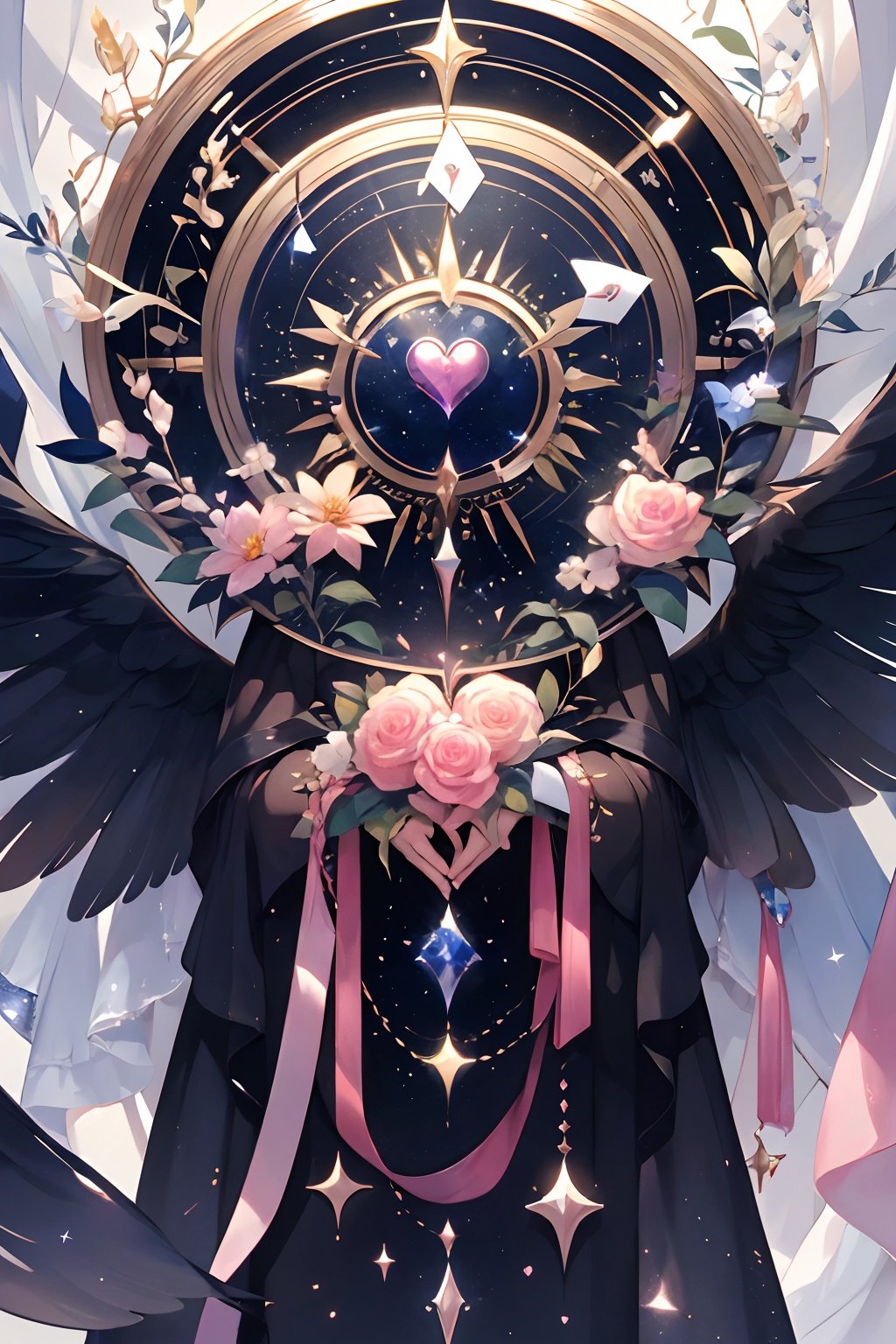 qztarot, flower, no humans, heart, solo, sparkle, pink flower, closed eyes, wings, Tarot card