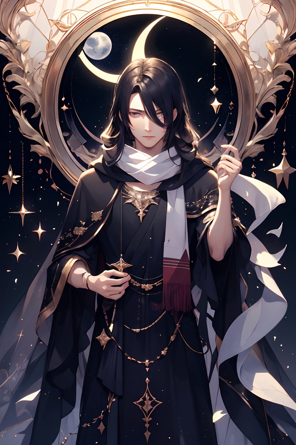 qztarot, solo, long hair, 1boy, scarf, moon, flower, 1girl, male focus, Tarot card