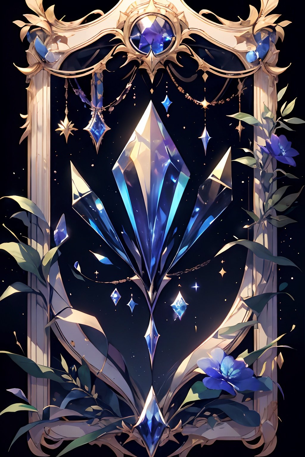 qztarot, no humans, flower, crystal, gem, still life, black background, blue flower, leaf, Tarot card