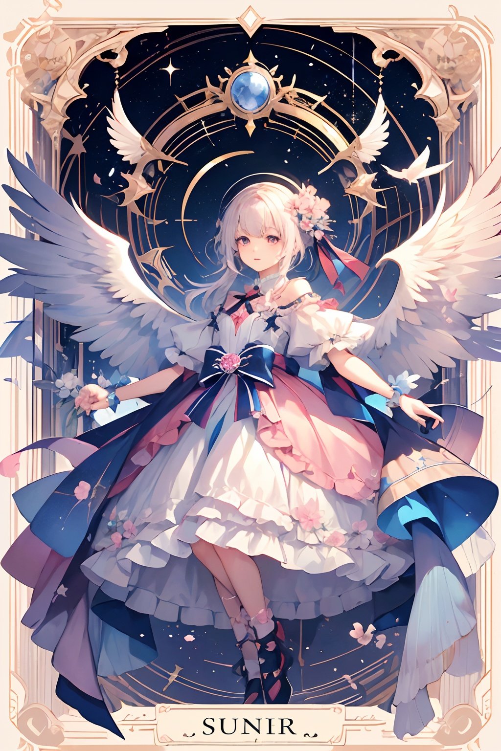 qztarot, kinomoto sakura, wings, flower, star \(symbol\), white wings, 1girl, solo, ribbon, pink flower, english text, feathered wings, Tarot card