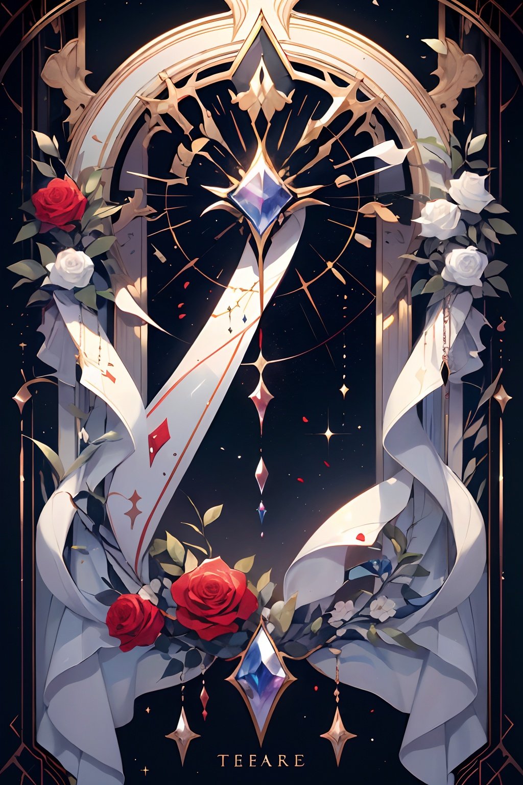 qztarot, flower, red flower, rose, no humans, red rose, gem, crystal, white flower, solo, thorns, sparkle, white rose, red gemstone, black background, bug, butterfly, Tarot card