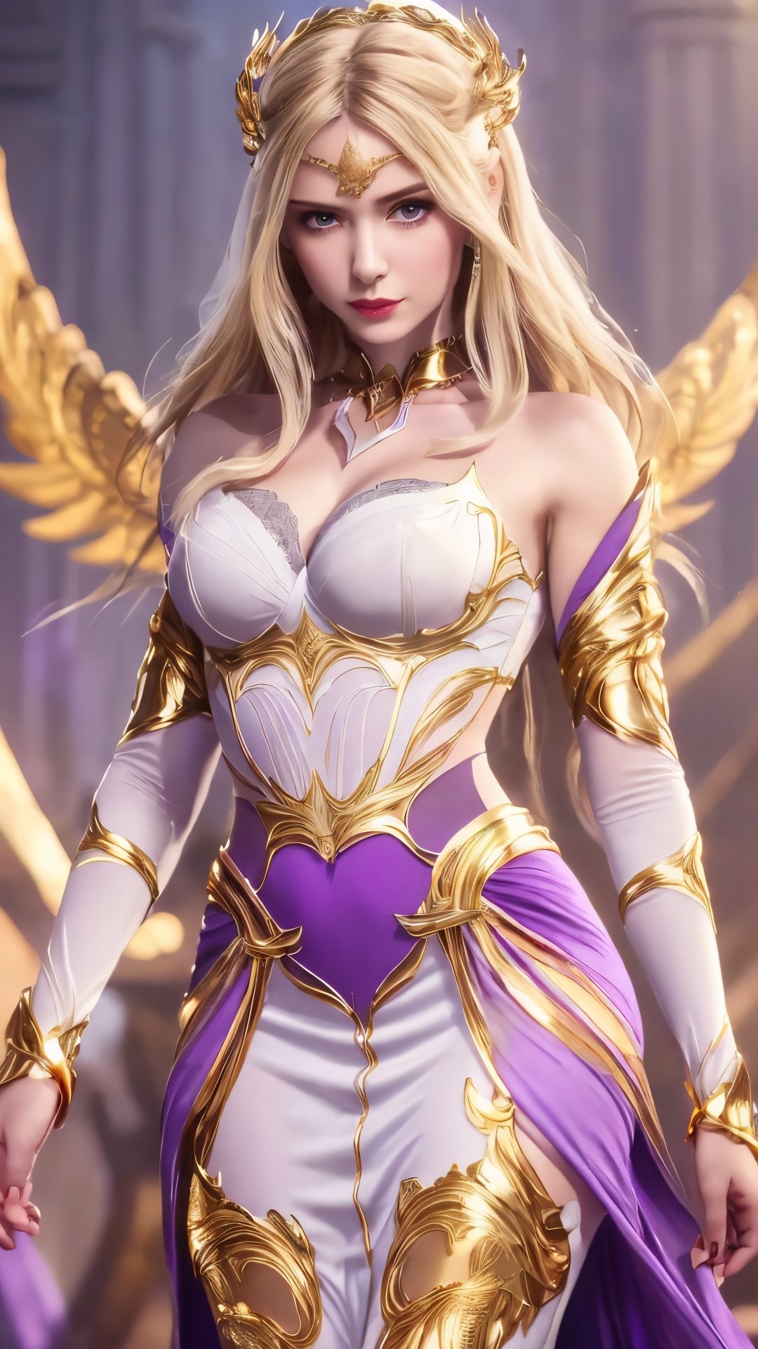 ((Masterpiece)),(Best quality),((high definition)),
first-person perspective,A girl,Medium breast, cleavage,( golden_hair),long hair,Break,Hair accessories,( White| golden| purple dress:1.6),day,Black stockings,Outdoor,Model step,Anatomically correct,correctly proportioned hands