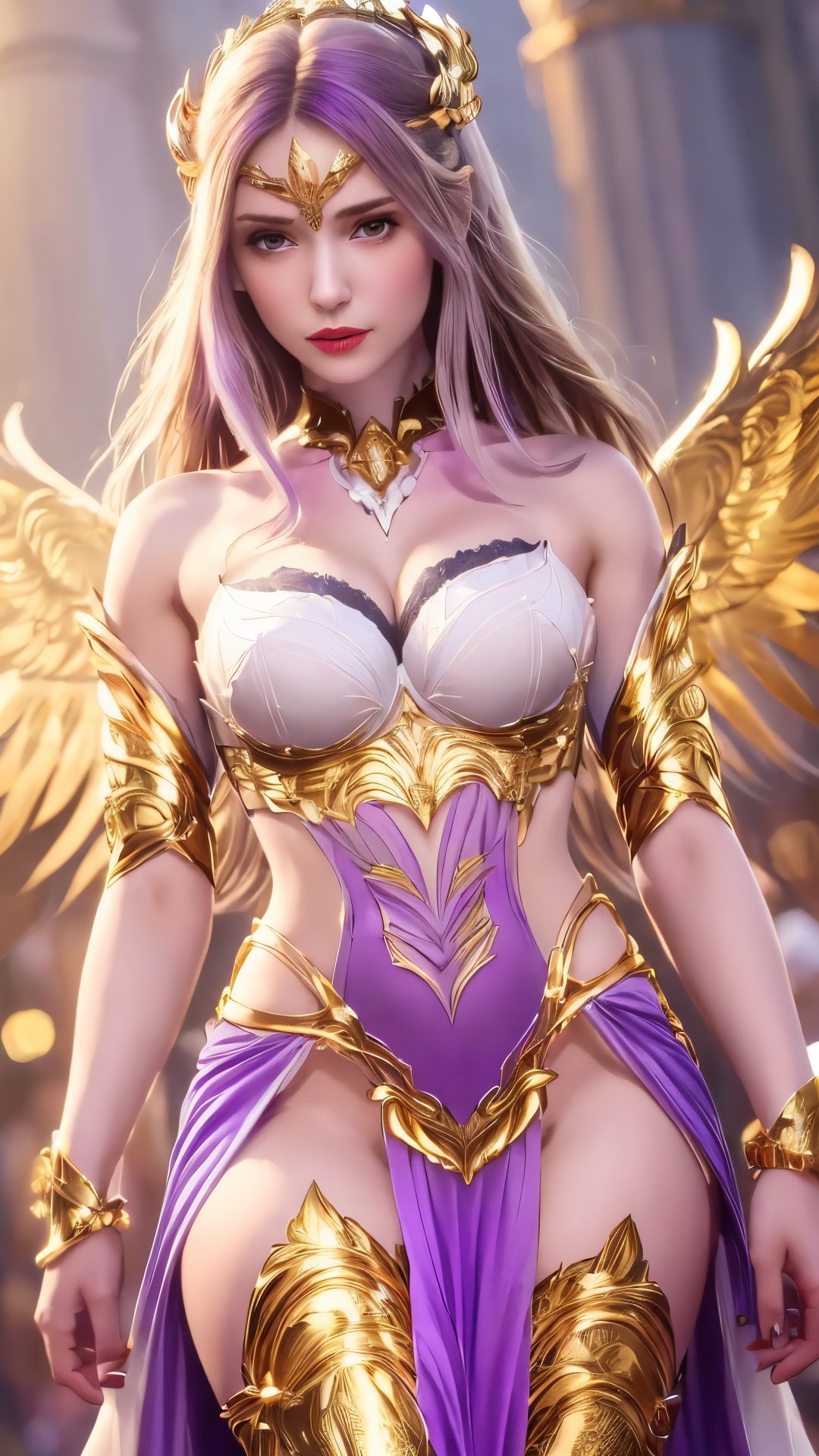 ((Masterpiece)),(Best quality),((high definition)),
first-person perspective,A girl,Medium breast, cleavage,( golden_hair),long hair,Break,Hair accessories,( White| golden| purple dress:1.6),day,Black stockings,Outdoor,Model step,Anatomically correct,correctly proportioned hands