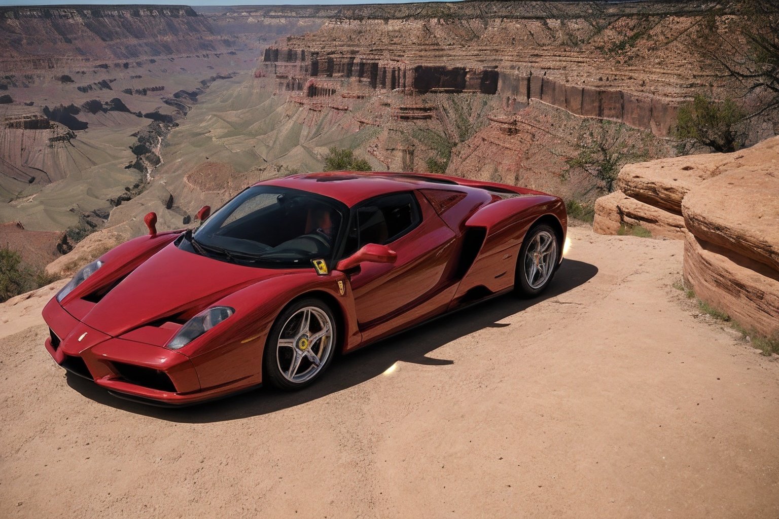 Nikon 85mm photography, sharp focus, photo of a red ferrari enzo parked beside the grand canyon, aerial side view, epic shot