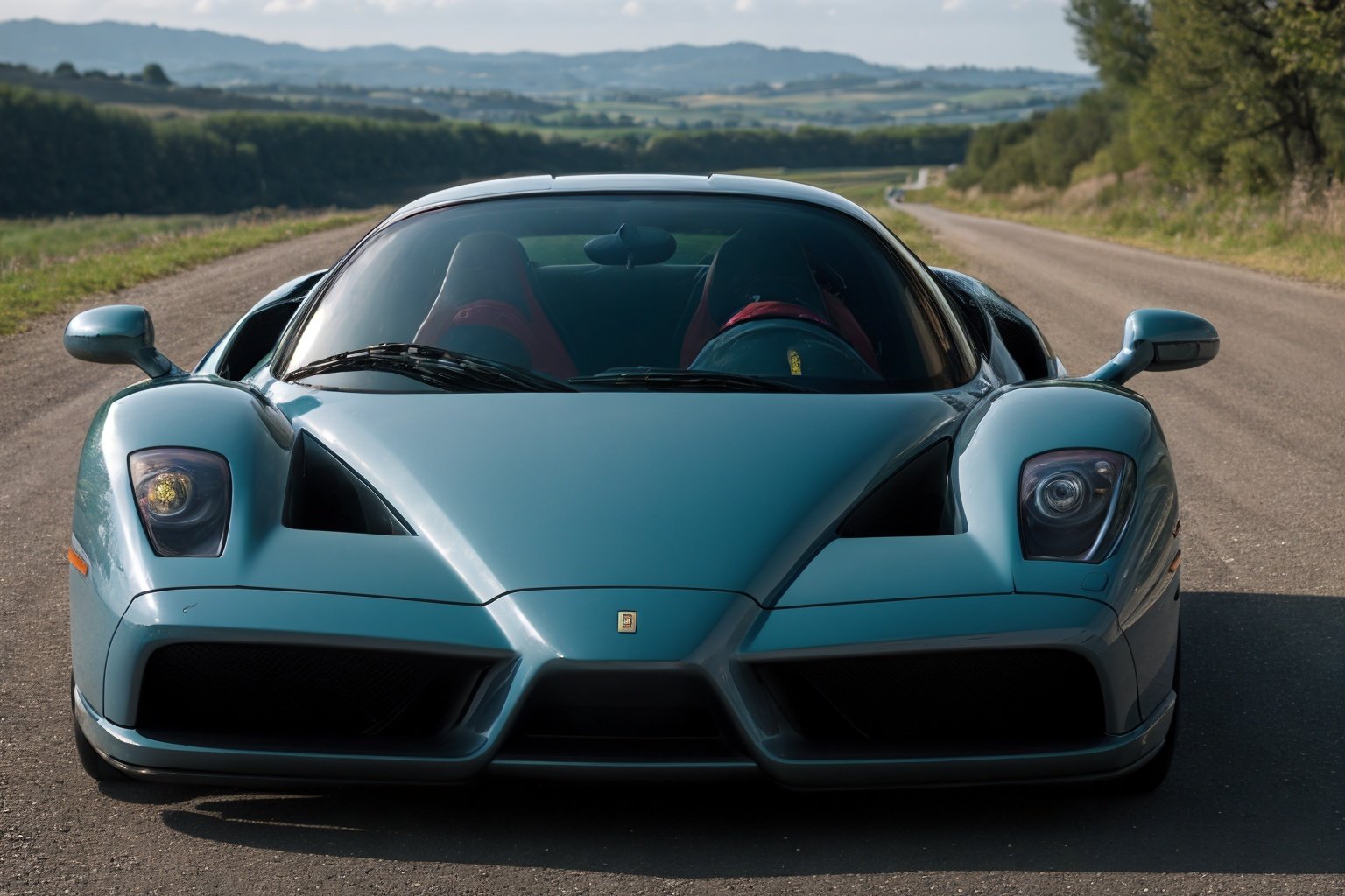 Nikon 85mm photography, sharp focus, photo of an aqua blue enzo ferrari in the countryside, front view, close up, extreme detail