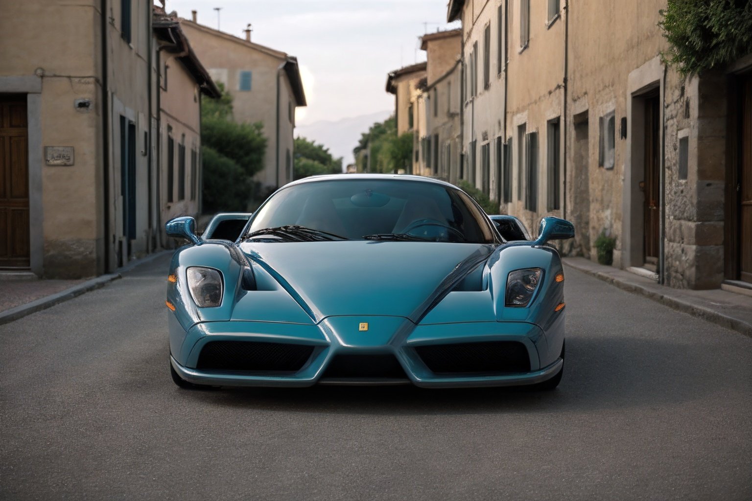 Nikon 85mm photography, sharp focus, photo of an aqua blue enzo ferrari in the italian countryside, front view