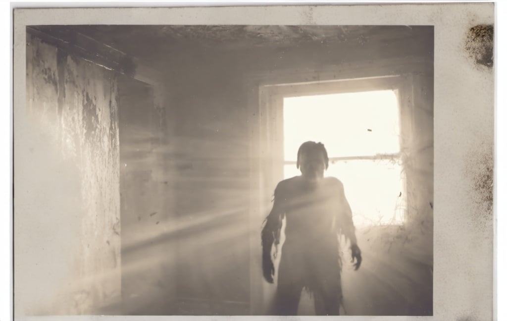 zombie entering an abandoned house, dark shadows, dust, bright light coming in through doorway, dust in the air  <lora:rppc-08:1.2>