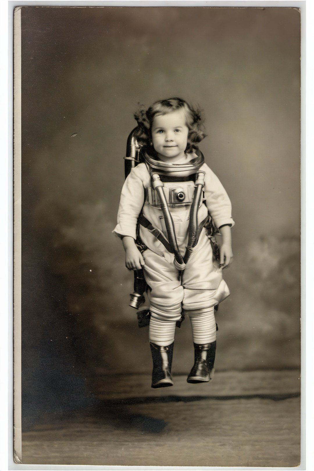 little girl with a big jetpack, flying in the sky, <lora:rppc-08:1>