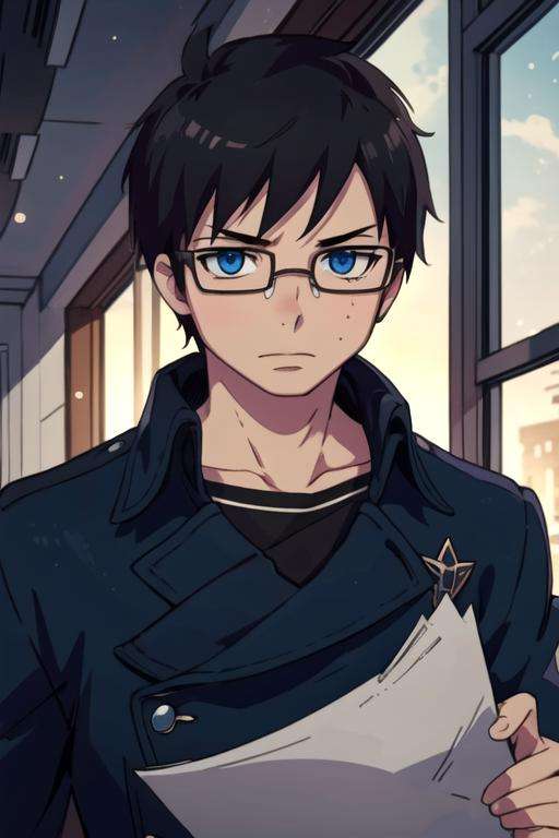 masterpiece, best quality, illustration, 1boy, solo, male focus, looking at viewer, , depth of field, <lora:yukio_okumura:0.76>, yukio_okumura, black hair, blue eyes, glasses, , ,