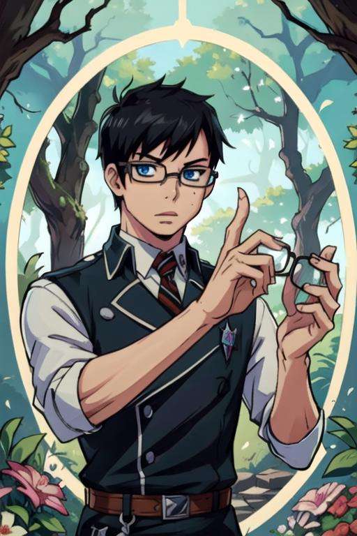 masterpiece, best quality, illustration, 1boy, solo, male focus, looking at viewer, upper body, , <lora:yukio_okumura:0.70>, yukio_okumura, black hair, blue eyes, glasses, , The Forest of Mirrors: A place where reality is distorted and nothing is as it seems, 2k resolution