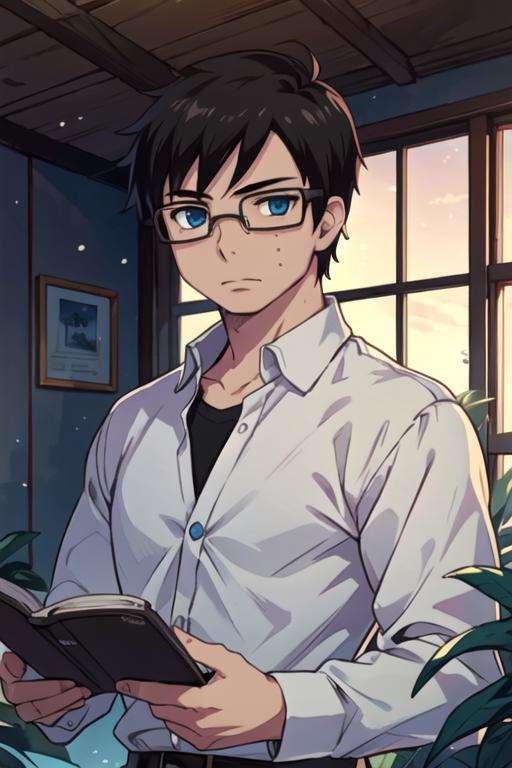 masterpiece, best quality, game cg, 1boy, solo, male focus, looking at viewer, upper body, , <lora:yukio_okumura:0.76>, yukio_okumura, black hair, blue eyes, glasses, luau costume, The Valley of the Lost, High definition