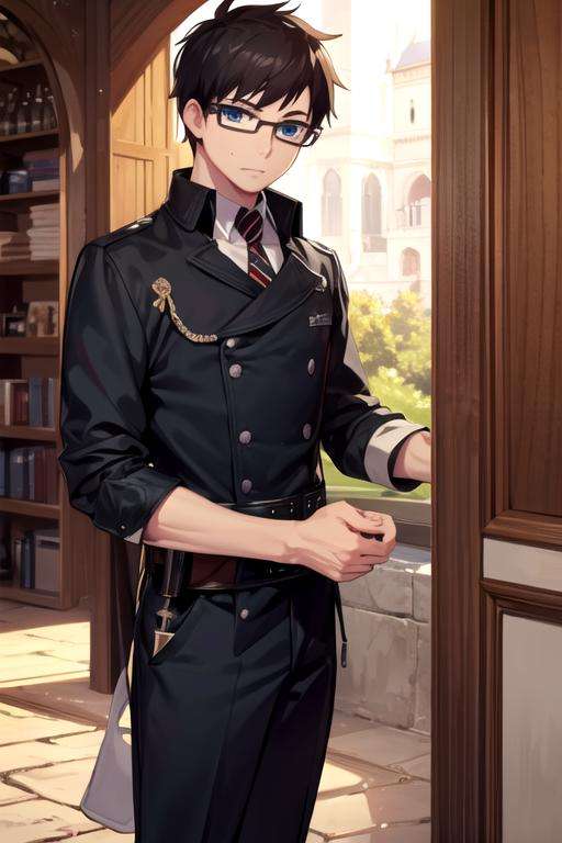 masterpiece, best quality, game cg, 1boy, solo, male focus, looking at viewer, , , <lora:yukio_okumura:0.72>, yukio_okumura, black hair, blue eyes, glasses, geek costume, medieval europe, HD-DVD