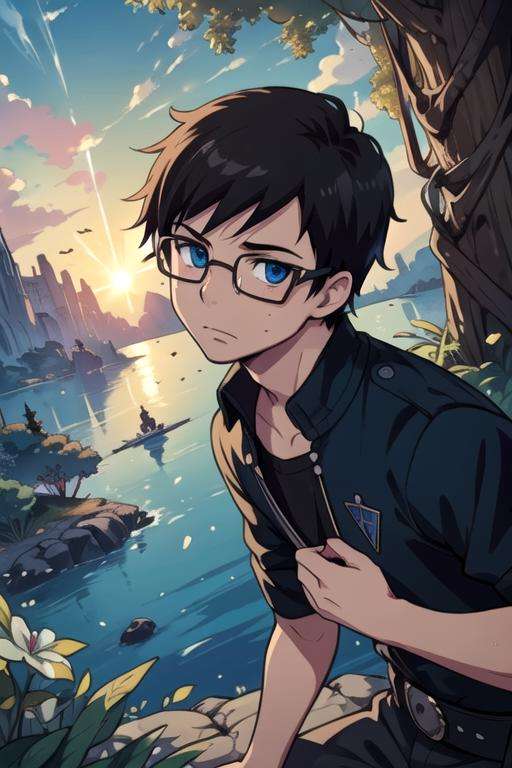 masterpiece, best quality, illustration, 1boy, solo, male focus, looking at viewer, , depth of field, <lora:yukio_okumura:0.68>, yukio_okumura, black hair, blue eyes, glasses, , neverland: A lost island where children can stay forever young, 12k resolution