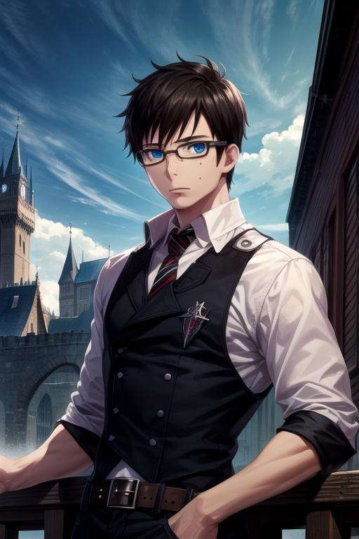 masterpiece, best quality, , 1boy, solo, male focus, looking at viewer, , , <lora:yukio_okumura:0.76>, yukio_okumura, black hair, blue eyes, glasses, , A dark, foreboding castle where a wicked queen reigns, HD-DVD