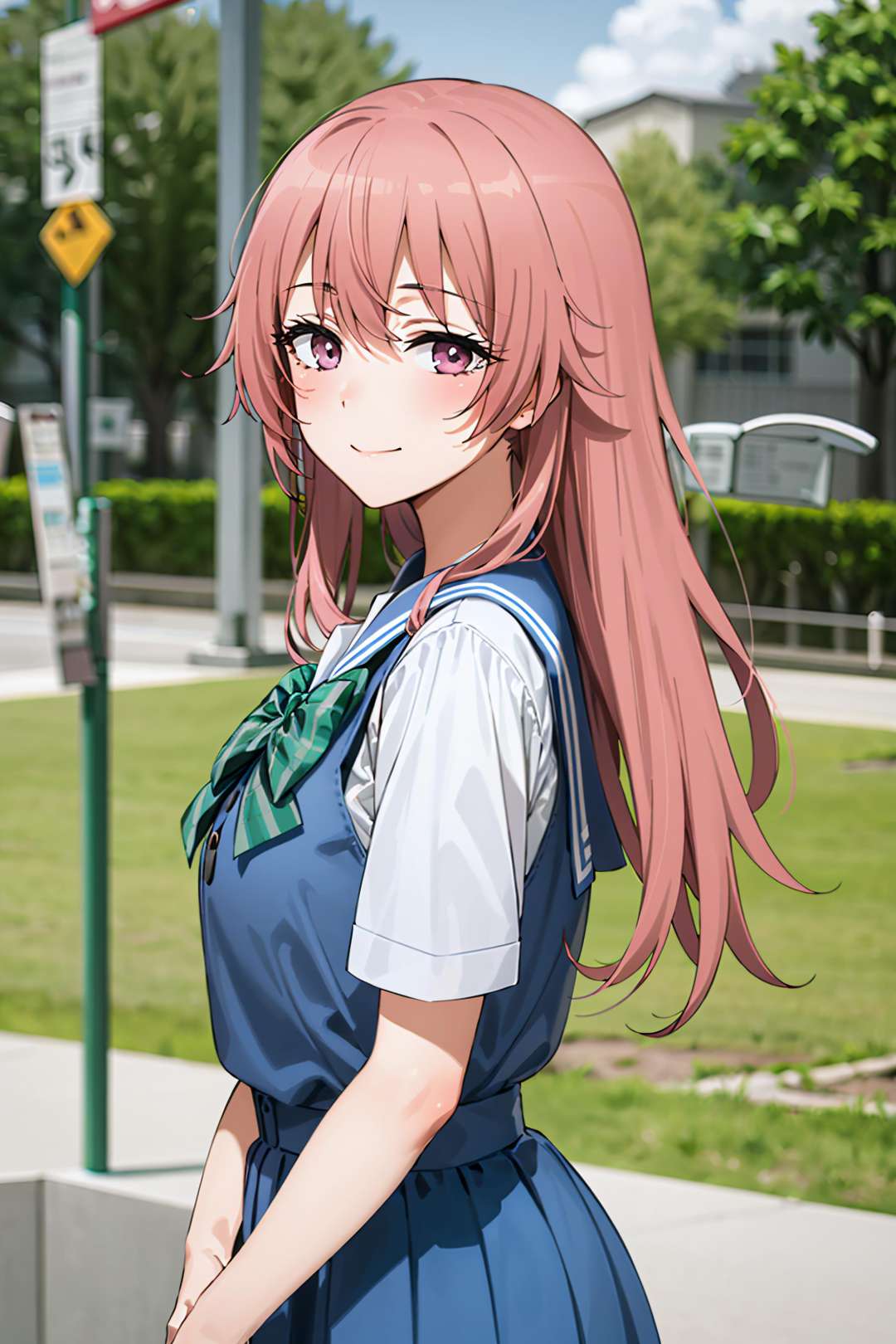 best quality, (masterpiece:1.2), detailed,<lora:chara_SonoBisqueDoll_InuiShinju_v1:0.8>, inui shinju lj,1girl, solo, light smile, closed mouth,pink hair, pink eyes, long hair, big breasts, upper body,school uniform, serafuku, white shirt, sailor collar, (grey vest:1.2), blue skirt, green bow,standing, (from angle:1.2), hands behind back, looking at the viewer,outdoors, park, grass, tree, cloud