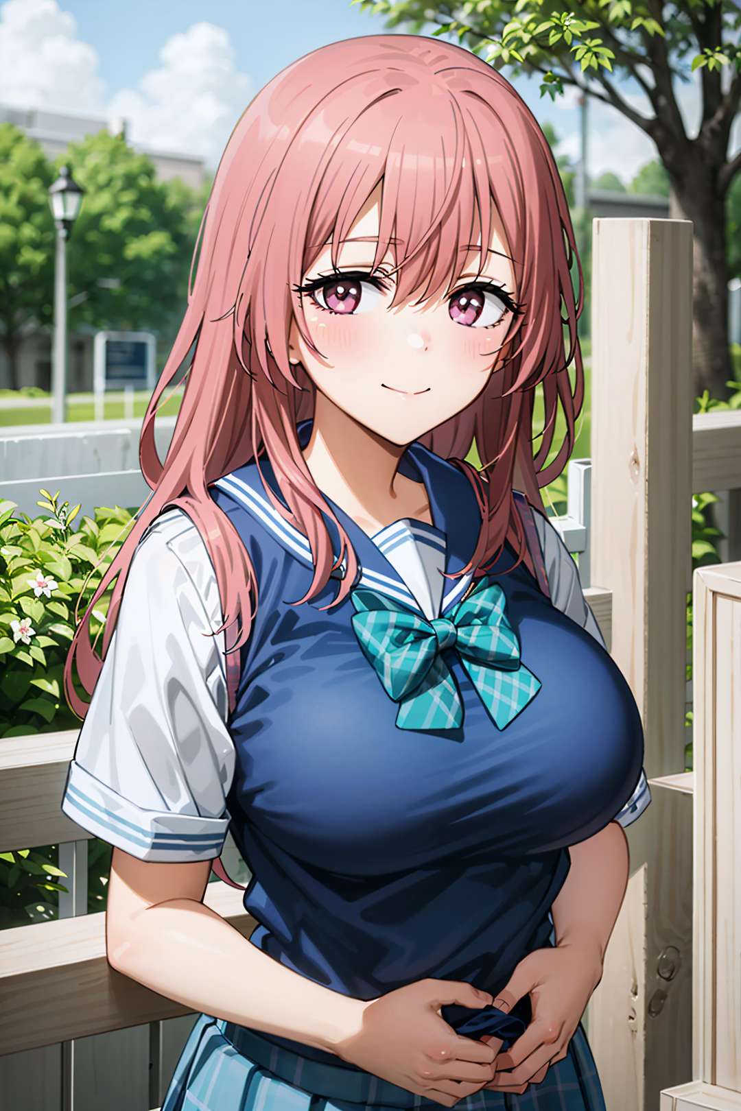 best quality, (masterpiece:1.2), detailed,<lora:chara_SonoBisqueDoll_InuiShinju_v1:0.8>, inui shinju lj,1girl, solo, light smile, closed mouth,pink hair, pink eyes, long hair, big breasts, upper body,school uniform, sailor collar, sweater vest, blue skirt, green bow,standing, (from angle:1.2), hands behind back, looking at the viewer,outdoors, park, grass, tree, cloud