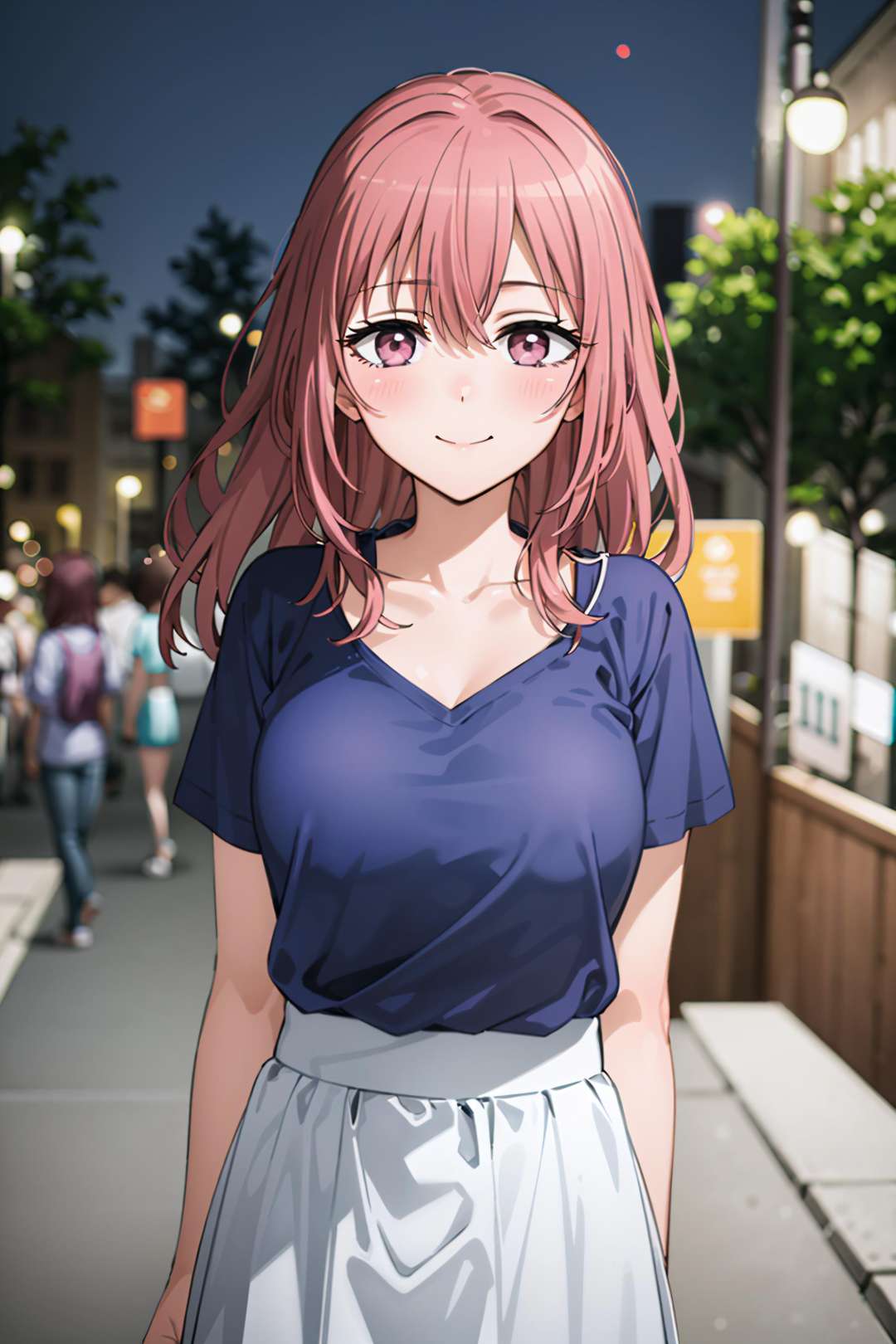 best quality, (masterpiece:1.2), detailed,<lora:chara_SonoBisqueDoll_InuiShinju_v1:0.8>, inui shinju lj,1girl, solo, light smile, closed mouth,pink hair, pink eyes, long hair, medium breasts,collarbone, blue shirt, white skirt,standing, (from angle:1.2), looking at the viewer,outdoors, road, street, city, night ,<lora:background_YofukashiNoUta_Background_v1:0.3>