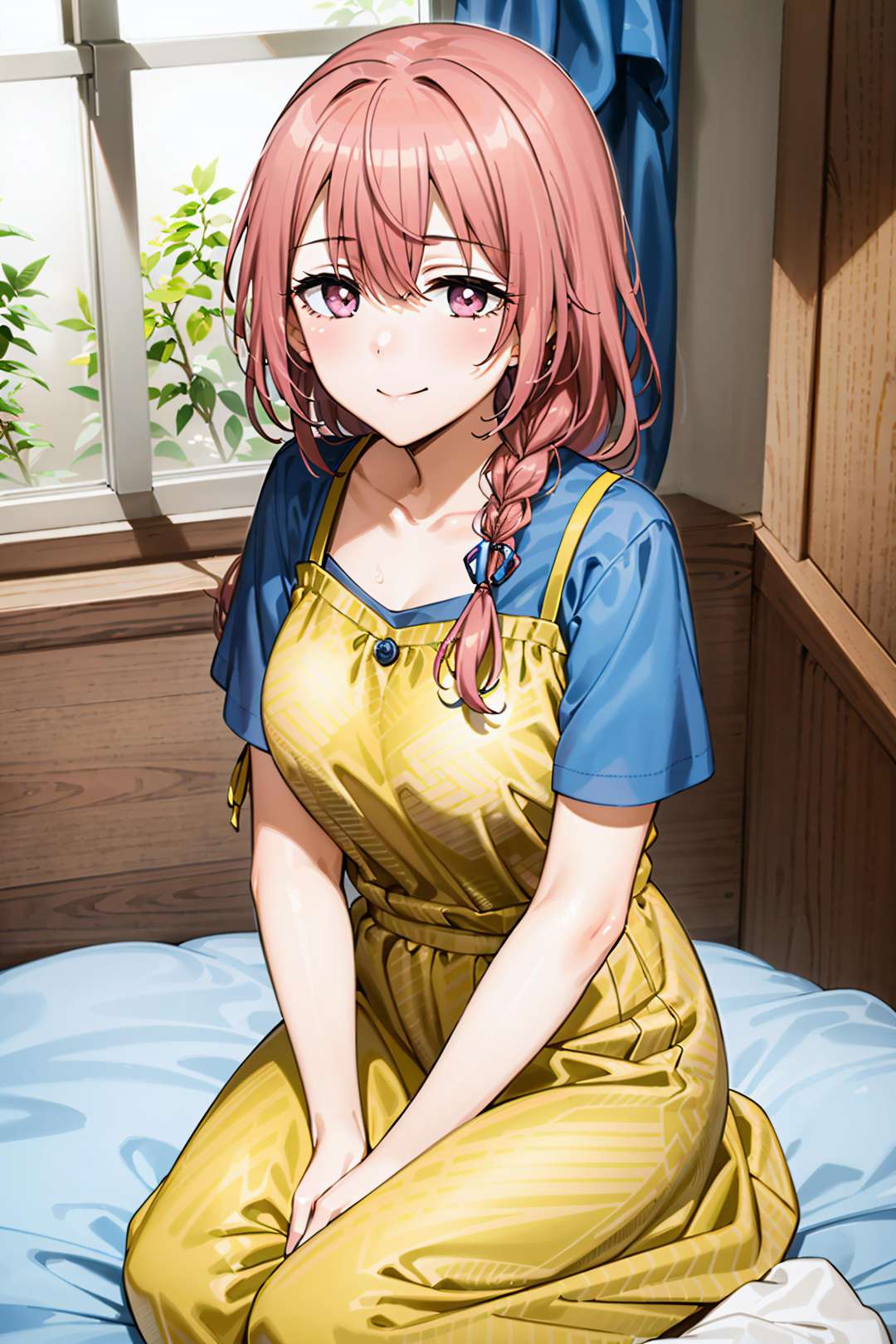 best quality, (masterpiece:1.2), detailed,<lora:chara_SonoBisqueDoll_InuiShinju_v1:0.8>, inui shinju lj,1girl, solo, light smile, closed mouth,pink hair, pink eyes, long hair, single braid,blue shirt, collarbone, (yellow dress:1.2), short sleeves,seiza, (from angle:1.2), on bed, room, stuffed animal, looking at the viewer,indoors