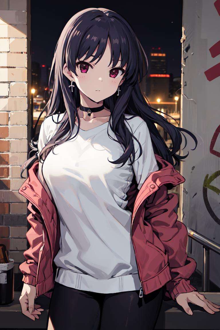 masterpiece, best quality, absurdres, perfect anatomy, 1girl, solo, RyuukaShimizudani, earrings, sharp eyes, choker, neon shirt, open jacket, turtleneck sweater, night, against wall, brick wall, graffiti, dim lighting, alley, looking at viewer, <lora:RyuukaShimizudani:1>