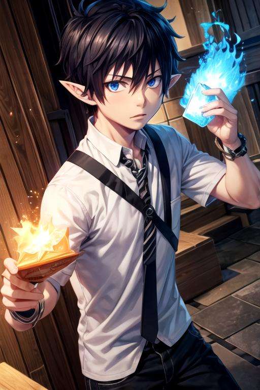 masterpiece, best quality, game cg, 1boy, solo, male focus, looking at viewer, , , <lora:rin_okumura:0.70>, rin_okumura, black hair, blue eyes, pointy ears, blue fire, , ancient rome,