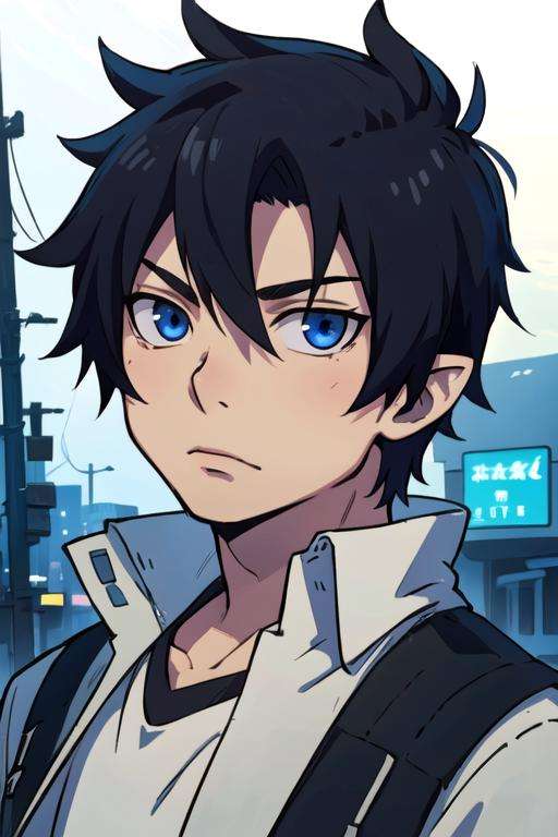 masterpiece, best quality, illustration, 1boy, solo, male focus, looking at viewer, upper body, depth of field, <lora:rin_okumura:0.70>, rin_okumura, black hair, blue eyes, , , geek costume, , 32k resolution