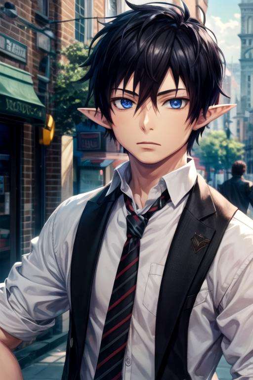 masterpiece, best quality, game cg, 1boy, solo, male focus, looking at viewer, upper body, , <lora:rin_okumura:0.76>, rin_okumura, black hair, blue eyes, pointy ears, , , The City of Glas,