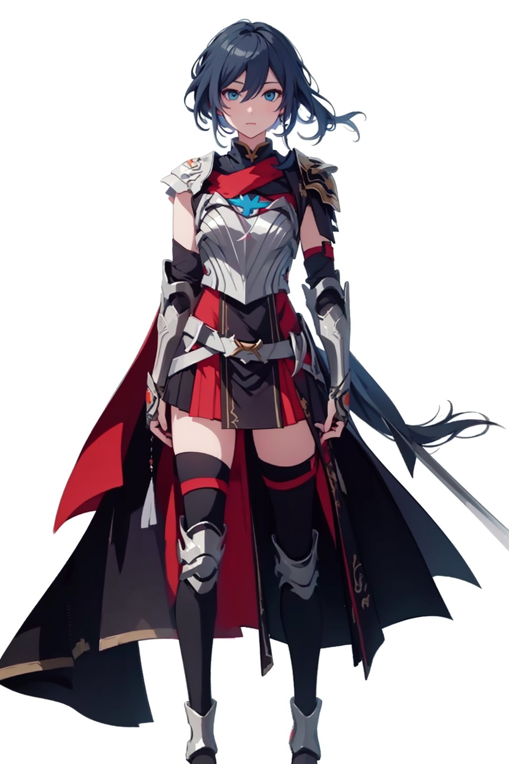 (masterpiece:1.3),(the best quality:1.2),(super fine illustrations:1.2),(Masterpiece),high quality,high detail,(white background:1.2),looking at viewer,(SOLO:1.4),outline,simple background,, shoulder_armor,fu_hua,blue_eyes,armor,1girl,