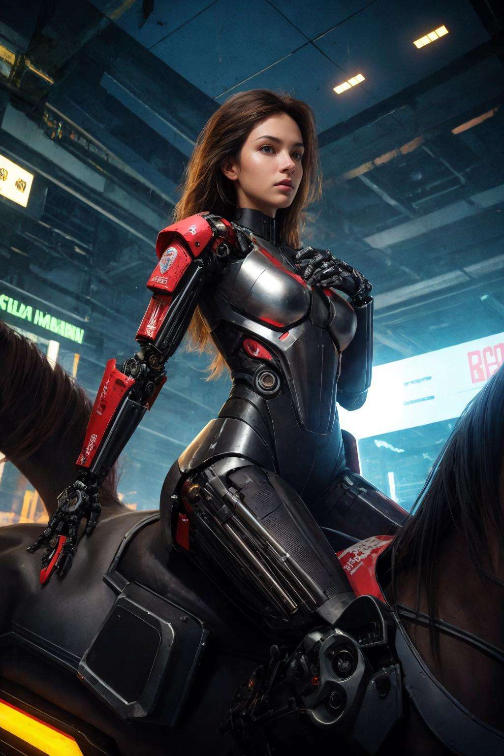 realistic, detailed, best illustrations, intricate detailsbreak,1girl, solo, long hair, extremely beautiful, slender, tanned skin, small breast, detailed skin complexion, seductive face, nanosuit, bodyarmor, mechanical spine, mechanical arm, robotic armor, bodysuit, ((riding a horse)), open jacket, looking at viewerbreak,detailed background, futuristic, fantasy, brutalist architecture, sci-fi, cyberpunk, dystiopian, night, highwaybreak,perspective, rule of third, depth and dimension, depth of field, light and shadow contrast,break, 