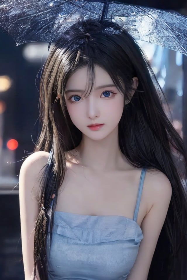 Best quality,  masterpiece,  ultra high res,  (photorealistic:1.37),  raw photo,  a young and serious woman,  long black dark hair in the wind,  blue eyes,  detailed eyes and face,  perfect anatomy. Medium round breast. perfect fingers. work cloths with intricate details,  dynamic lighting,  in the dark,  deep shadow,  low key,  cinematic image, bright city,  floting city on the background., 