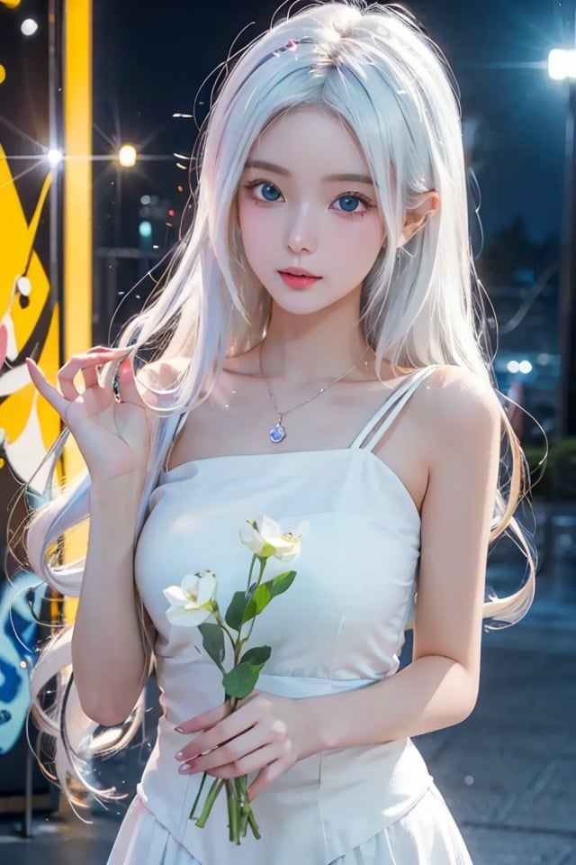 a Masterpiece,  a beautiful young fairy,  white hair,  big eyes,  perfect like anime body,  splash,  Spray,  Graffiti,  Colorful,  Opaline Prism Sakuraoil,  Magical,  HDR,  Ultra High Detail,  Center of Focus,  Bokeh,  Lens Flare,  Evening Mist,  Bloom,  Cinematic Lighting,  High Dynamic Range,  Depth of Field, 
