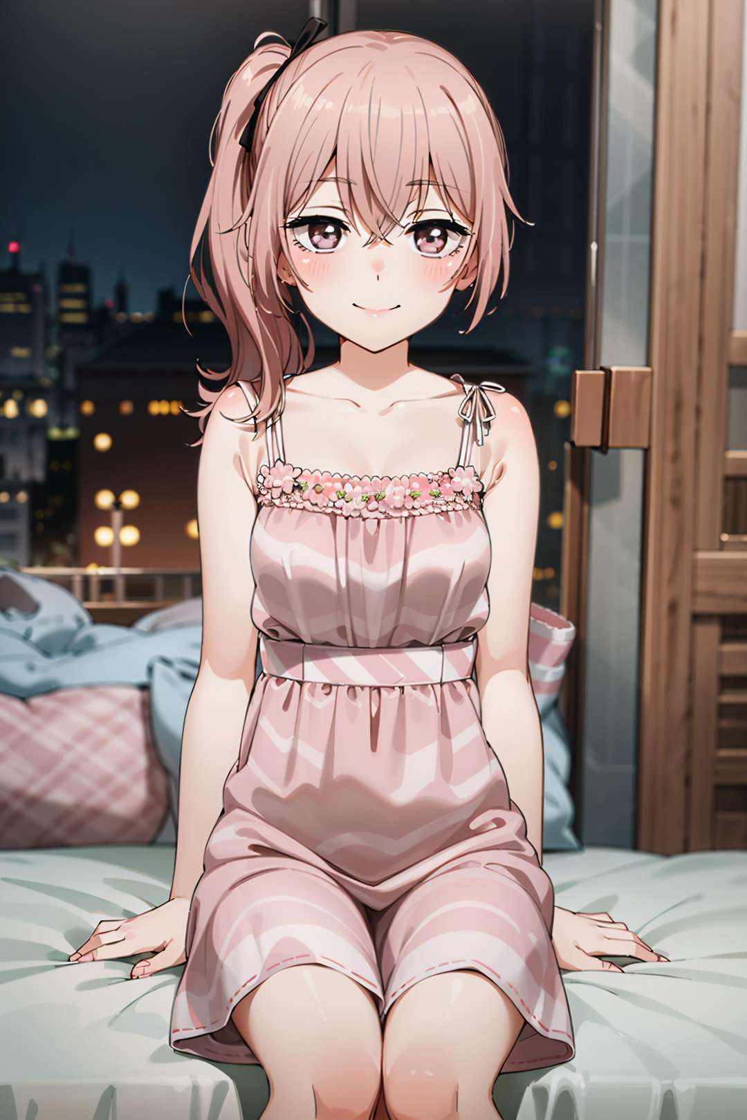 best quality, (masterpiece:1.2), detailed,<lora:chara_SonoBisqueDoll_InuiSajuna_v1:0.8>, inui sajuna juju,1girl, solo, closed mouth, smile, blush,pink hair, pink eyes, long hair, side ponytail,pink dress, collarbone,sitting, looking at the viewer,indoors, room, bed, night