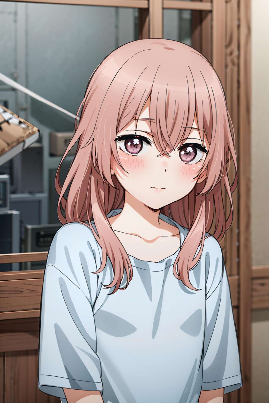 best quality, (masterpiece:1.2), detailed,<lora:chara_SonoBisqueDoll_InuiSajuna_v1:0.8>, inui sajuna juju,1girl, solo, closed mouth, blush,pink hair, pink eyes, long hair, collarbone,white shirt, upper body,looking at the viewer,indoors, room