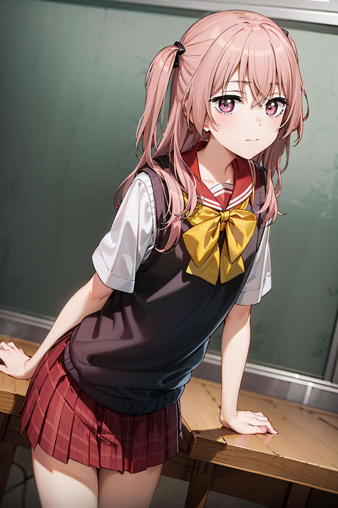 best quality, (masterpiece:1.2), detailed,<lora:chara_SonoBisqueDoll_InuiSajuna_v1:0.8>, inui sajuna juju,1girl, solo, closed mouth,pink hair, pink eyes, long hair, two side up,school uniform, sweater vest, black vest, red sailor collar, red skirt, yellow bow,standing, (from angle:1.4), looking at the viewer,classroom