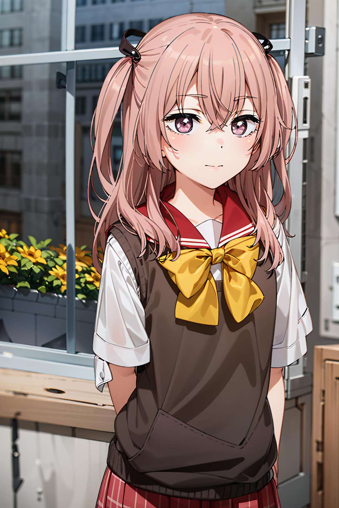 best quality, (masterpiece:1.2), detailed,<lora:chara_SonoBisqueDoll_InuiSajuna_v1:0.8>, inui sajuna juju,1girl, solo, closed mouth,pink hair, pink eyes, long hair, two side up,school uniform, sweater vest, black vest, red sailor collar, red skirt, yellow bow,standing, (from angle:1.4), looking at the viewer,outdoors, in front of school