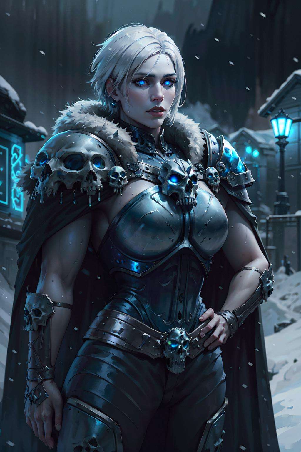 1girl, cowboy shot of beautiful wowdk, hands on hips, glowing blue eyes, skull armor, fur trim, pauldrons, black cape, short white hair, snow, ice, night, citadel, athletic, volumetric lighting, best quality, masterpiece, realistic,  <lora:sxz-death-knight:0.6>  <hypernet:sxz-bloom:0.6>