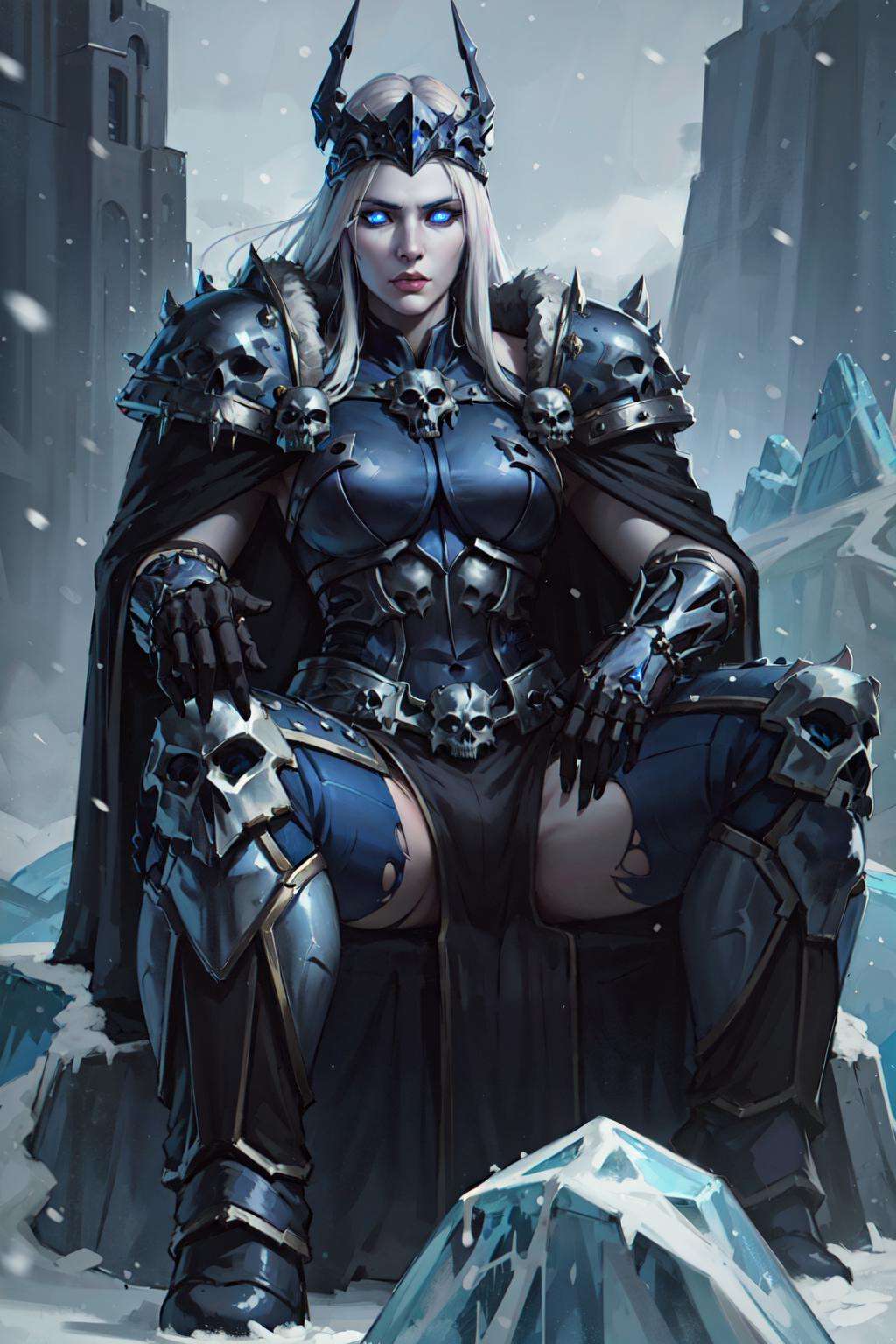 1girl, wowdk sitting, throne, ice chair,  glowing blue eyes, colored sclera, white hair, helmet, black skull armor, dress, fur trim, pauldrons, torn black cape, snowing, athletic, fantasy, ice, rock, volumetric lighting, best quality, masterpiece, realistic, <lora:sxz-death-knight:0.8> 