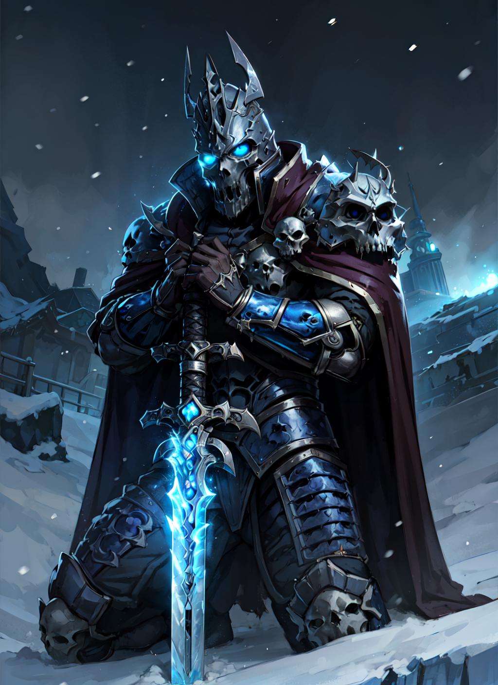 1boy, wowdk, glowing blue eyes, skull armor, cape, helmet, planted sword, glowing weapon, snow, ice, night, athletic, volumetric lighting, best quality, masterpiece, realistic,  <lora:sxz-death-knight:0.8>