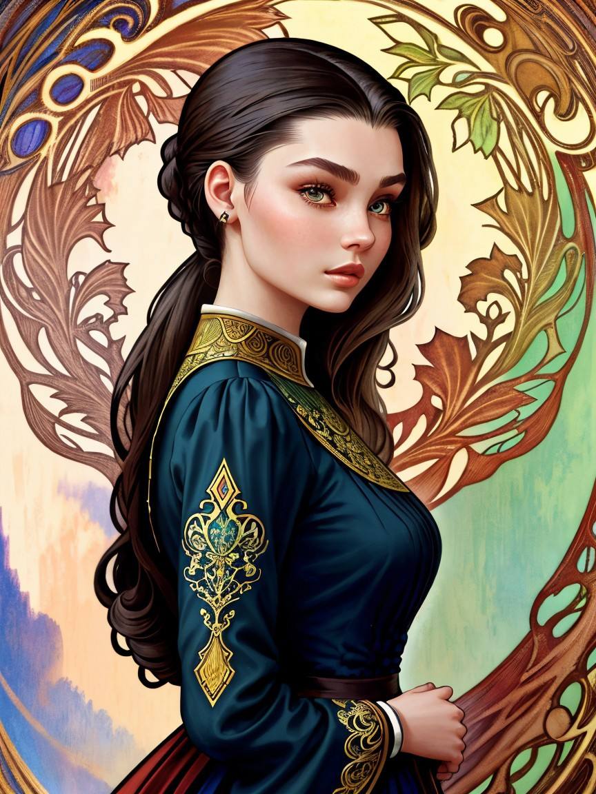 (nouveau style, ornamental, nature, highly detailed, Mucha style:1.15), upper-body <lora:sd15_KadritskayaBogdasha_v1.0:.9> KadritskayaBogdasha, focus on face, side view wearing a long sleeve dress , her hair is styled as slicked-back hair,