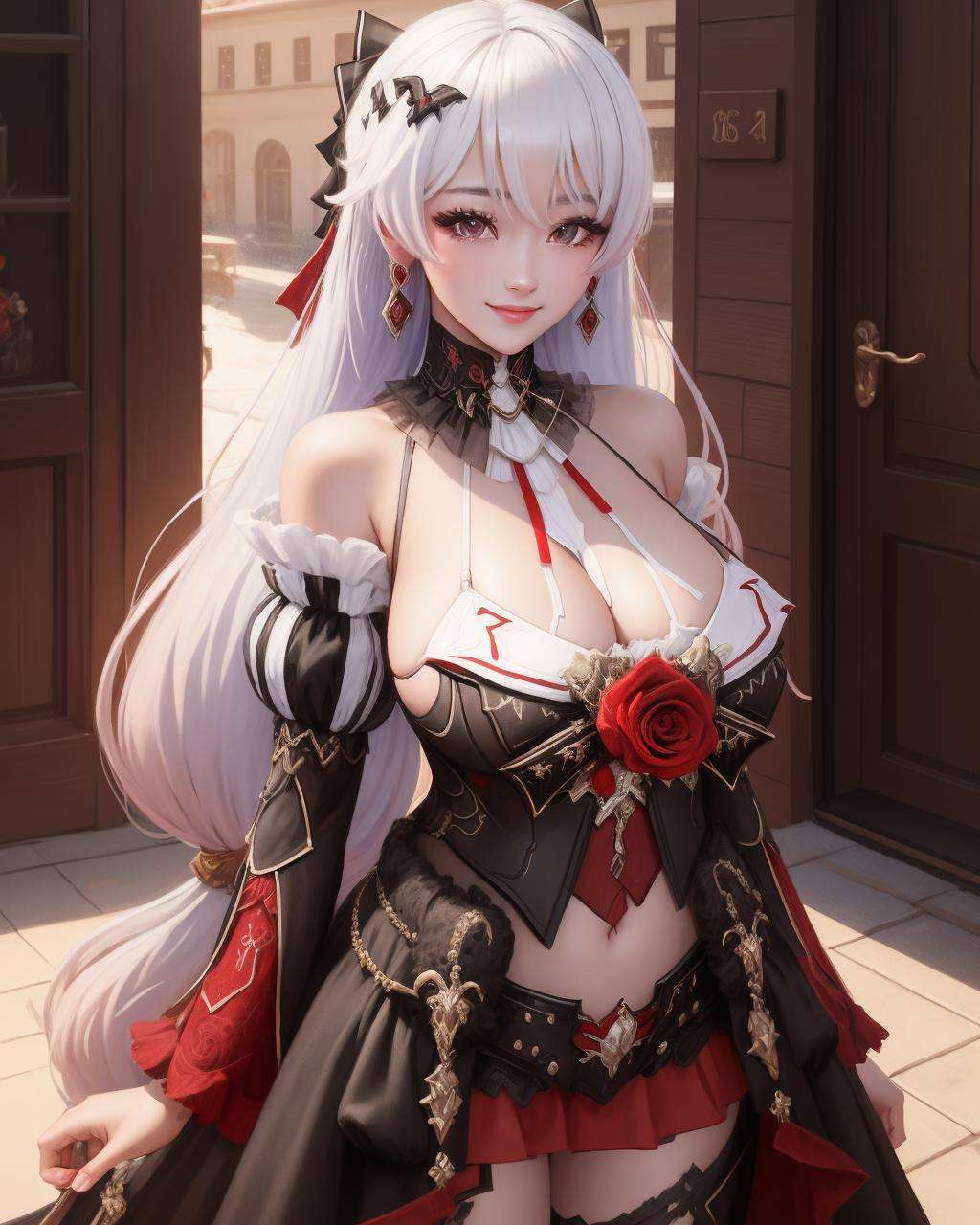 <lora:dayuexia_m3:1>, dayuexia, best quality, masterpiece, absurdres, beautiful detailed eyes, ultra-detailed, 1girl, standing, cowboy shot, light smile, black dress, rose, large breasts, cleavage