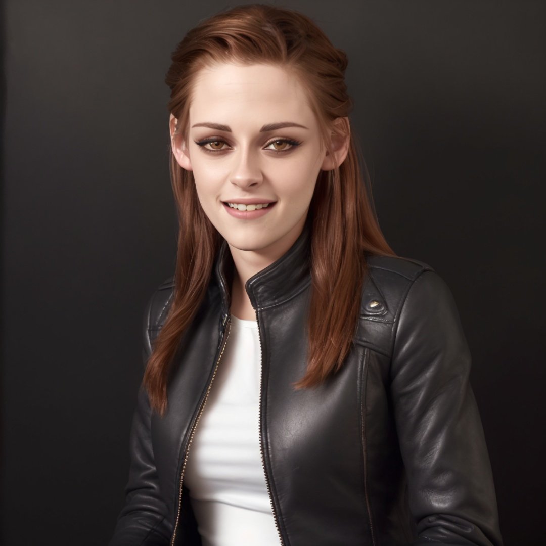 SFW, best quality, extra resolution, rare angle, close up portrait of (AIDA_LoRA_KristenBrunette:1.33) <lora:AIDA_LoRA_KristenBrunette_n0:0.6> as beautiful woman wearing leather coat, smiling, perfect teeth, naughty, flirting with camera, funny, happy, dynamic pose, dolly short, cinematic, studio photo, (black background:1.3)