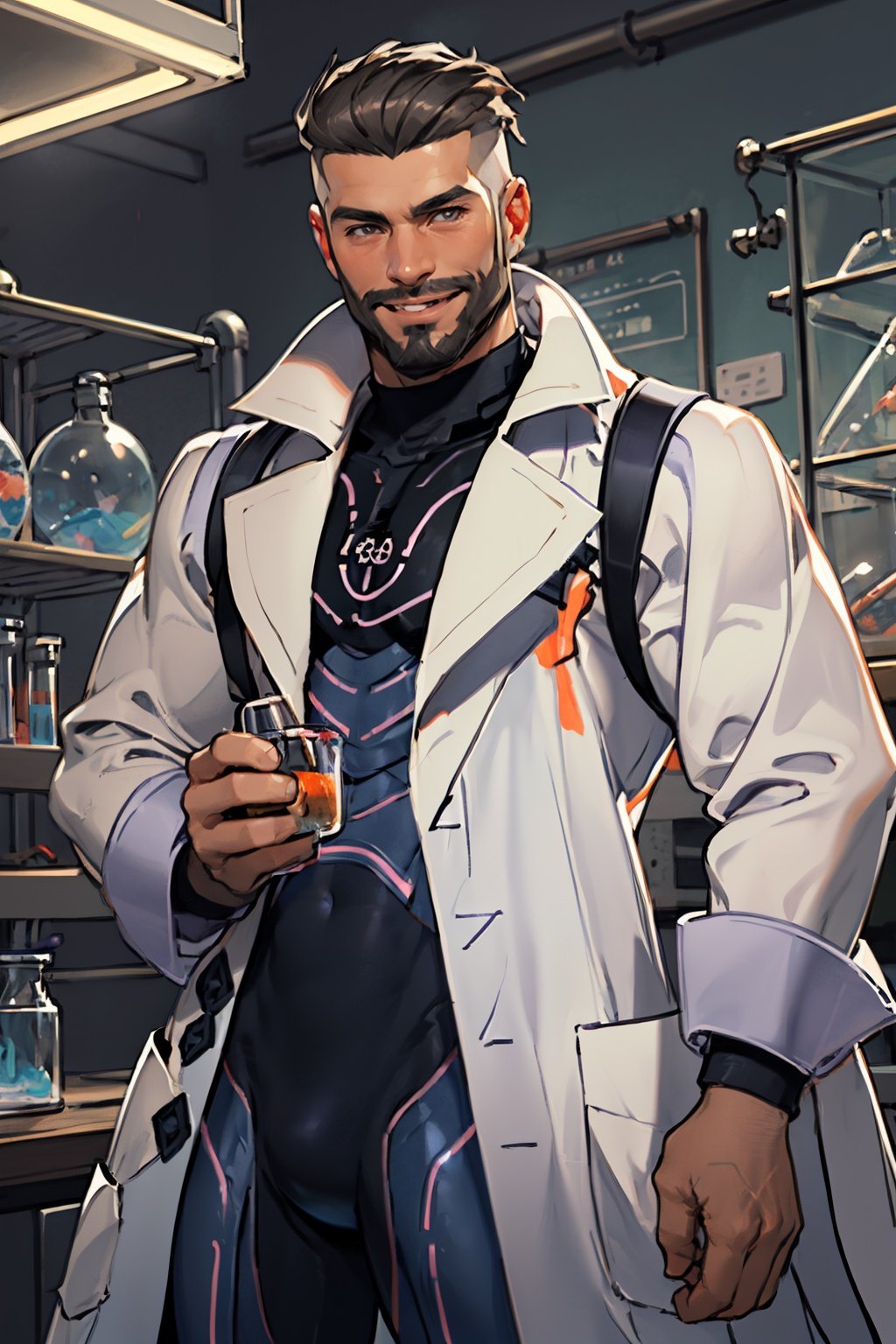 Masterpiece,  Best quality,  ultra highres,  pokemonturo,  open clothes,  labcoat,  purple bodysuit,  science lab,  beard,  smile,  cowboy shot.