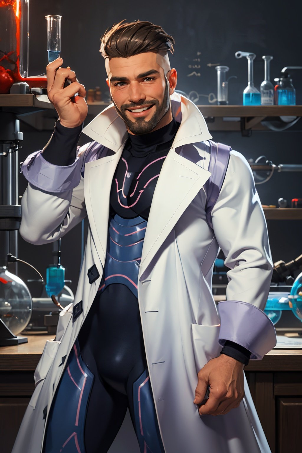 Masterpiece,  Best quality,  ultra highres,  pokemonturo,  open clothes,  labcoat,  purple bodysuit,  science lab,  beard,  smile,  cowboy shot.