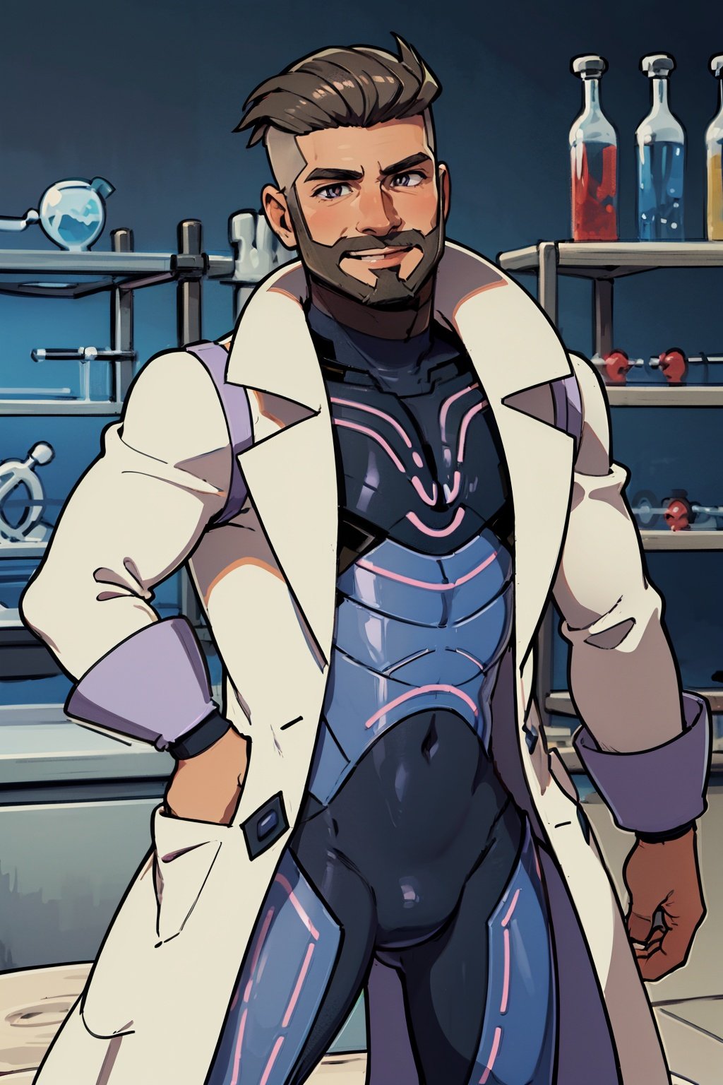 Masterpiece,  Best quality,  ultra highres,  pokemonturo,  open clothes,  labcoat,  purple bodysuit,  science lab,  beard,  smile,  cowboy shot.