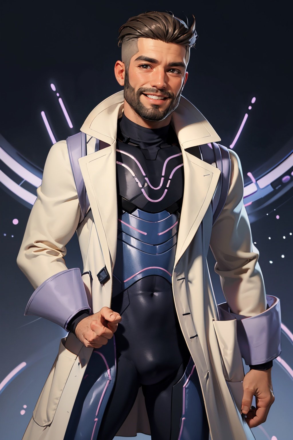 Masterpiece,  Best quality,  ultra highres,  pokemonturo,  open clothes,  labcoat,  purple bodysuit,  science lab,  beard,  smile,  cowboy shot.