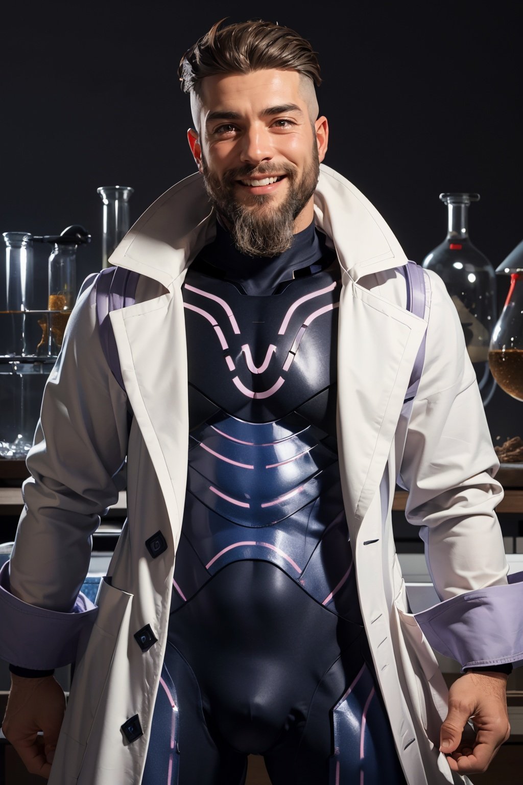 Masterpiece,  Best quality,  ultra highres,  pokemonturo,  open clothes,  labcoat,  purple bodysuit,  science lab,  beard,  smile,  cowboy shot.