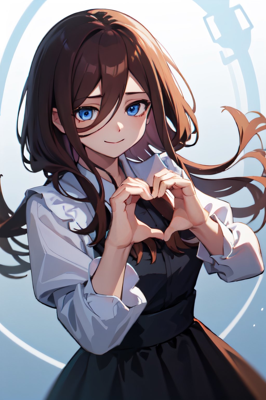 (heart hands, own hands together:1),1girl,solo, (masterpiece:1.2), best quality, high resolution, unity 8k wallpaper, heart hands, smile, floating hearts,miku nakano,long hair,bangs,blue eyes,brown hair,hair between eyes