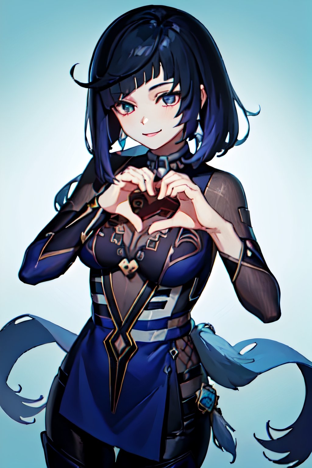 (heart hands, own hands together:1),1girl,solo, (masterpiece:1.2), best quality, high resolution, unity 8k wallpaper, heart hands, smile, floating hearts,yelan_\(genshin_impact\)